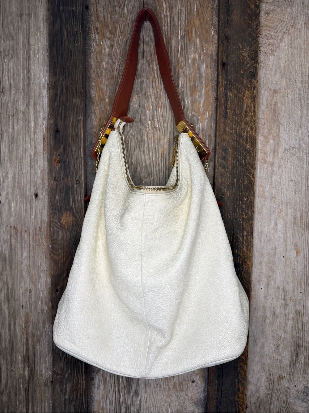 Tory Burch White Pebbled Leather Slouchy Hobo Shoulder Bag Gold Hardware